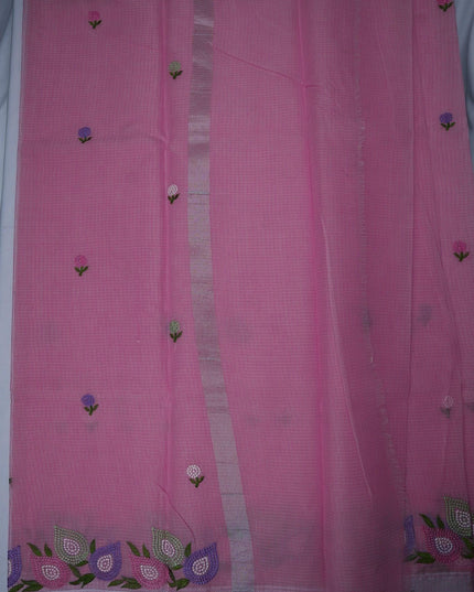 Bhavana Handlooms baby pink silk Kota saree featuring delicate floral embroidery motifs and a multicolor border.