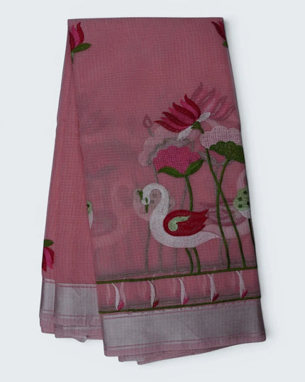 Bhavana Handlooms rose pink silk Kota saree featuring intricate swan and lotus embroidery and an elegant border.