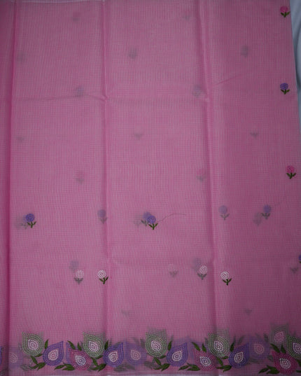 Bhavana Handlooms baby pink silk Kota saree featuring delicate floral embroidery motifs and a multicolor border.