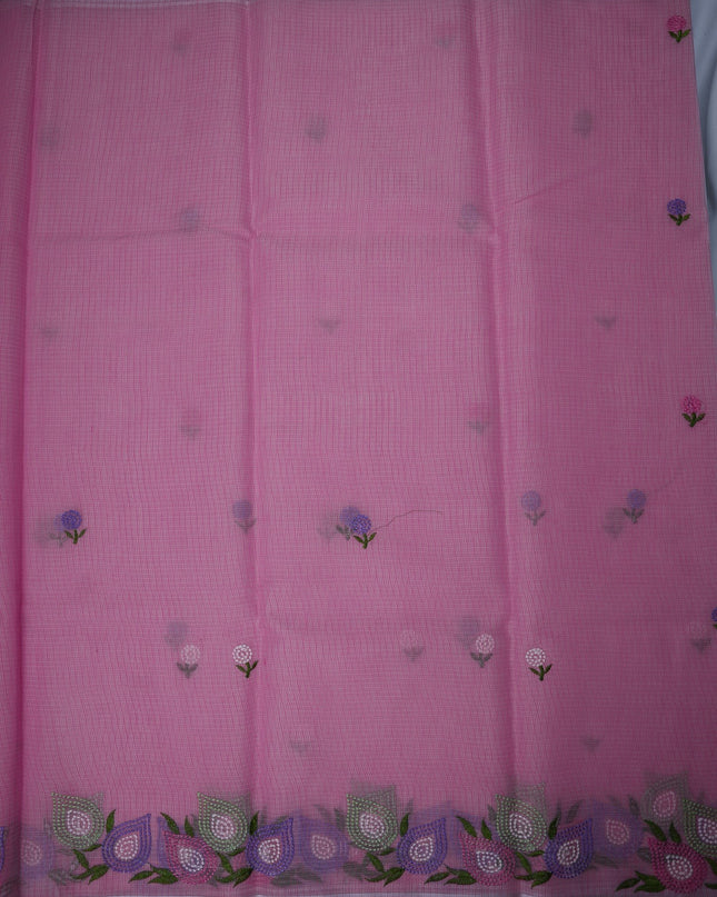 Bhavana Handlooms baby pink silk Kota saree featuring delicate floral embroidery motifs and a multicolor border.