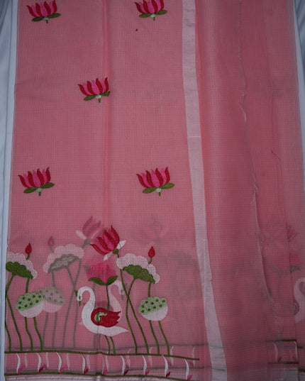 Bhavana Handlooms rose pink silk Kota saree featuring intricate swan and lotus embroidery and a decorative border.