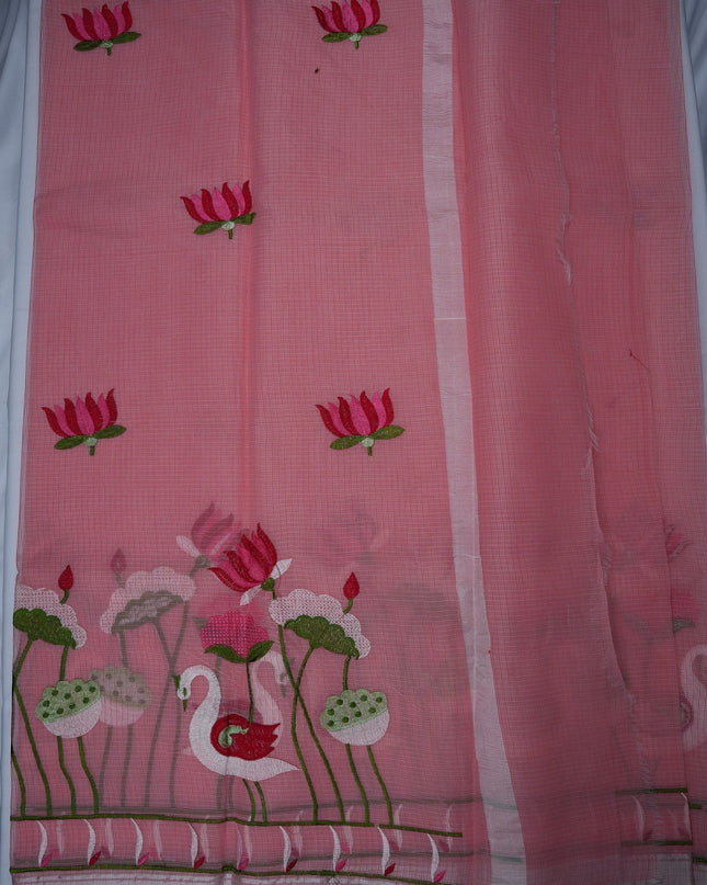 Bhavana Handlooms rose pink silk Kota saree featuring intricate swan and lotus embroidery and a decorative border.