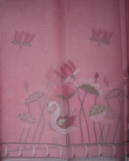 Bhavana Handlooms rose pink silk Kota saree featuring delicate swan and lotus embroidery with an elegant border.