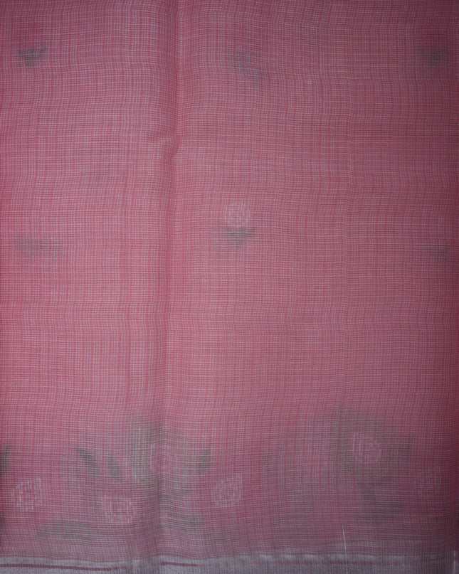 Bhavana Handlooms baby pink silk Kota saree featuring delicate floral embroidery motifs and a shimmering silver border.