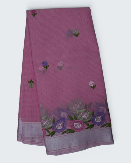 Bhavana Handlooms baby pink silk Kota saree featuring delicate floral embroidery and a multicolor designer border.