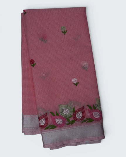 Bhavana Handlooms baby pink silk Kota saree featuring delicate floral embroidery motifs and an elegant silver border.