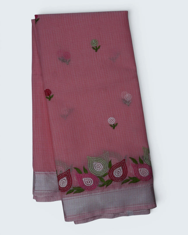 Bhavana Handlooms baby pink silk Kota saree featuring delicate floral embroidery motifs and an elegant silver border.