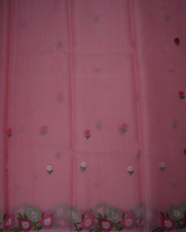 Bhavana Handlooms baby pink silk Kota saree featuring delicate floral embroidery motifs and an elegant silver border.