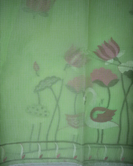 Bhavana Handlooms pista green silk kota saree featuring delicate swan and lotus embroidery and an elegant border.