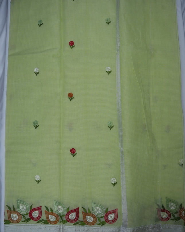 Bhavana Handlooms pista green silk Kota saree with delicate floral embroidery motifs and a multicolor embroidered border.