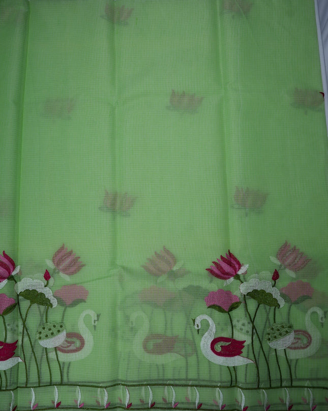 Bhavana Handlooms pista green silk kota saree featuring delicate swan and lotus embroidery with an elegant border.