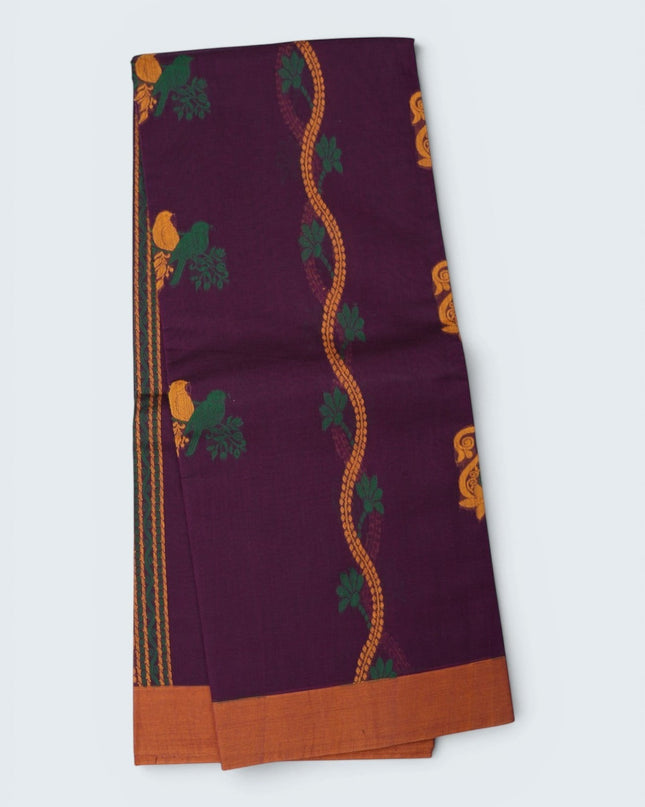 Bhavana Handlooms deep purple Coimbatore handloom saree with mustard border and traditional bird motifs