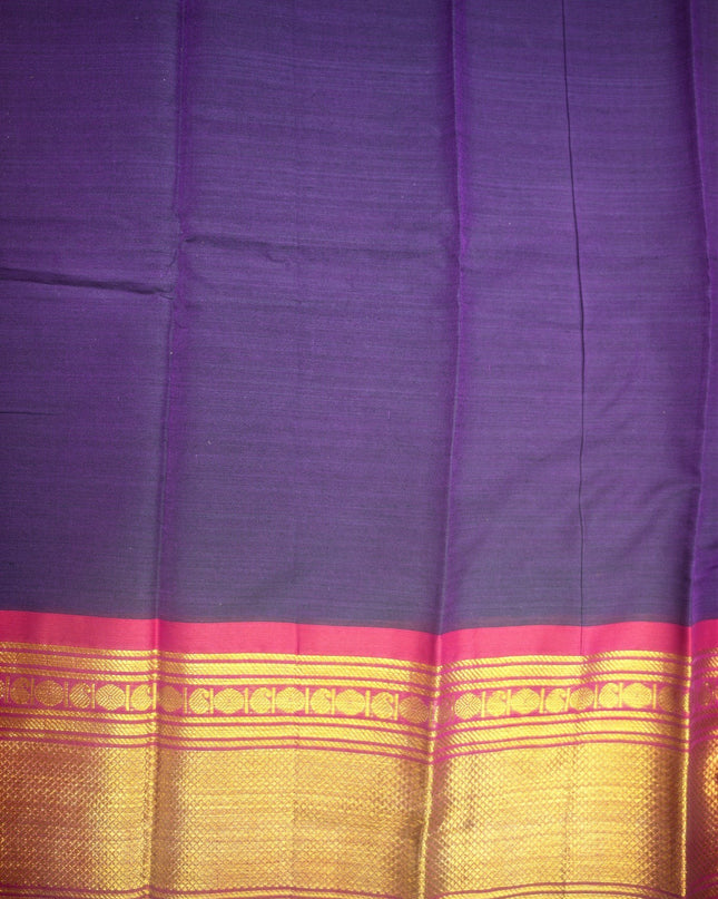 Bhavana Handlooms deep royal purple mercerized cotton saree with gold border and pink accents. Lightweight, soft finish.