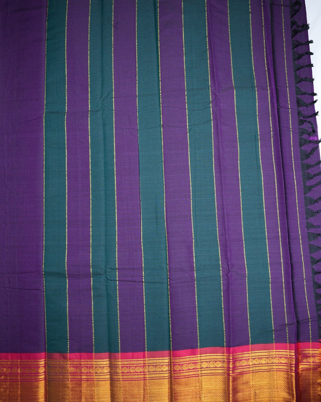 Bhavana Handlooms deep royal purple and teal striped mercerized cotton saree with gold border and tassels