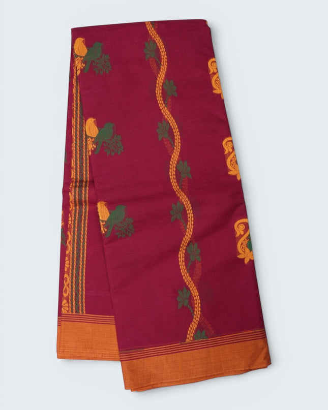 Bhavana Handlooms Coimbatore handloom saree in rani pink with traditional bird motifs and a contrast mustard border.