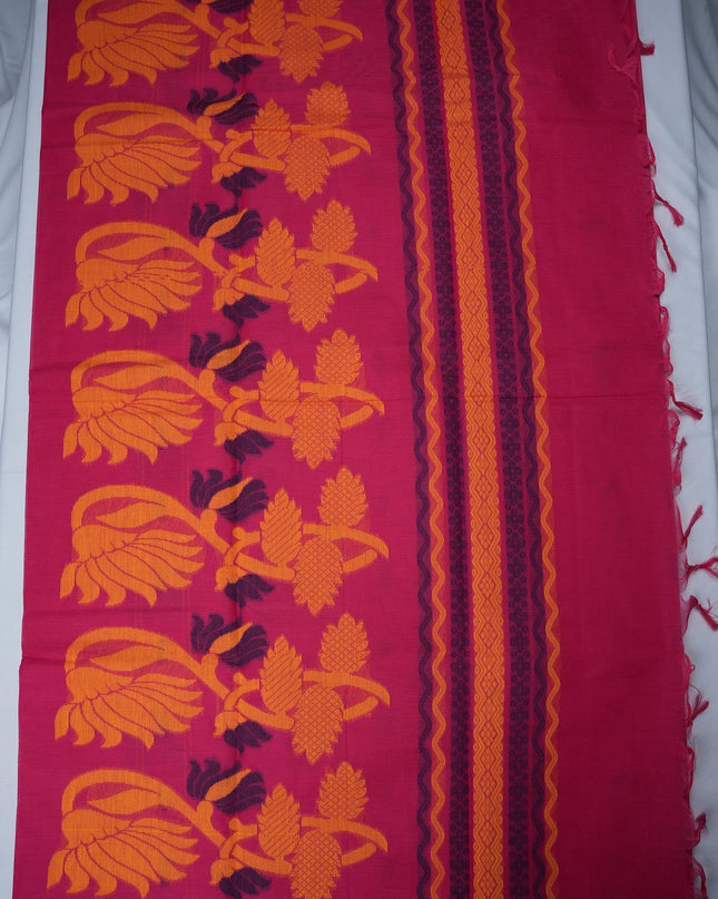 Bhavana Handlooms Rani Pink Coimbatore handloom saree with traditional elephant motifs and mustard gold woven border