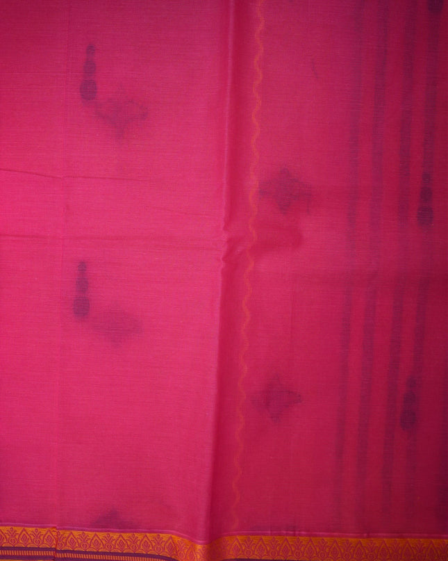 Bhavana Handlooms rani pink Coimbatore handloom saree featuring traditional floral butta motifs and orange border.