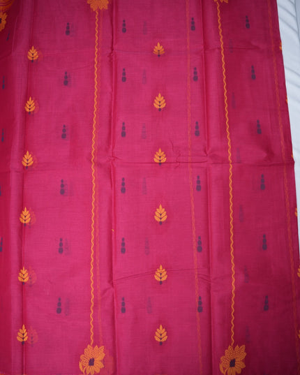 Bhavana Handlooms rani pink Coimbatore handloom saree featuring traditional yellow floral butta and vertical stripes