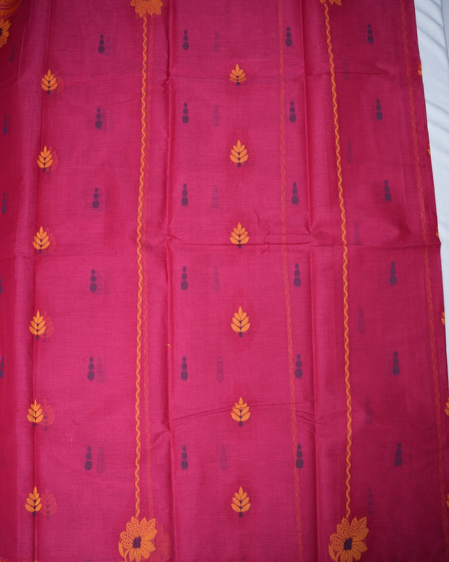 Bhavana Handlooms rani pink Coimbatore handloom saree featuring traditional yellow floral butta and vertical stripes