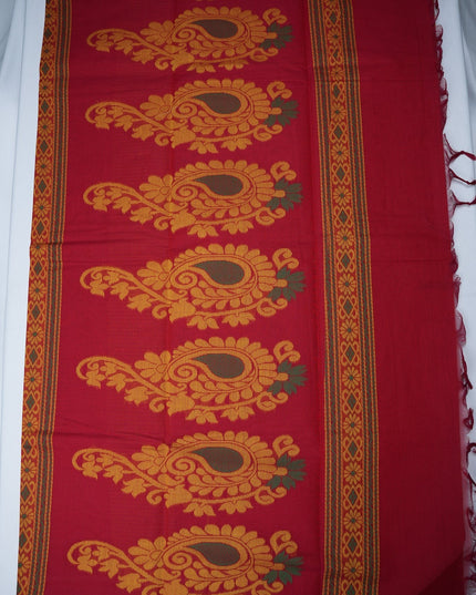 Bhavana Handlooms rani pink Coimbatore handloom saree featuring traditional gold elephant motifs and peach orange border