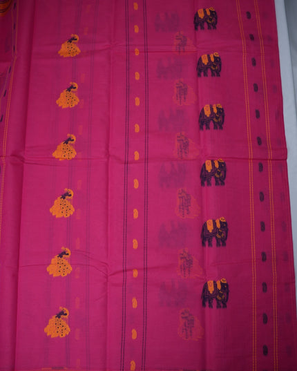 Bhavana Handlooms Rani Pink Coimbatore handloom saree featuring traditional elephant motifs and mustard gold border.
