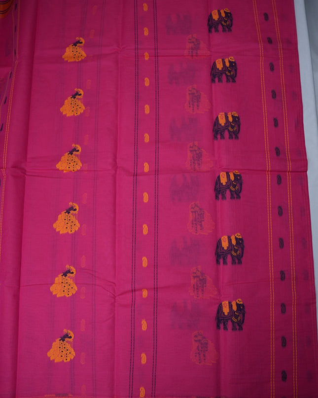 Bhavana Handlooms Rani Pink Coimbatore handloom saree featuring traditional elephant motifs and mustard gold border.