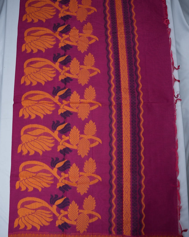 Bhavana Handlooms Coimbatore handloom saree in rani pink with mustard gold elephant motifs and contrast woven border.