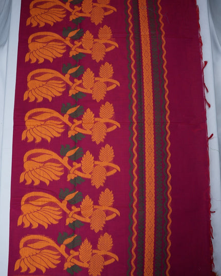 Bhavana Handlooms Coimbatore handloom saree in rani pink with mustard gold elephant motifs and woven border