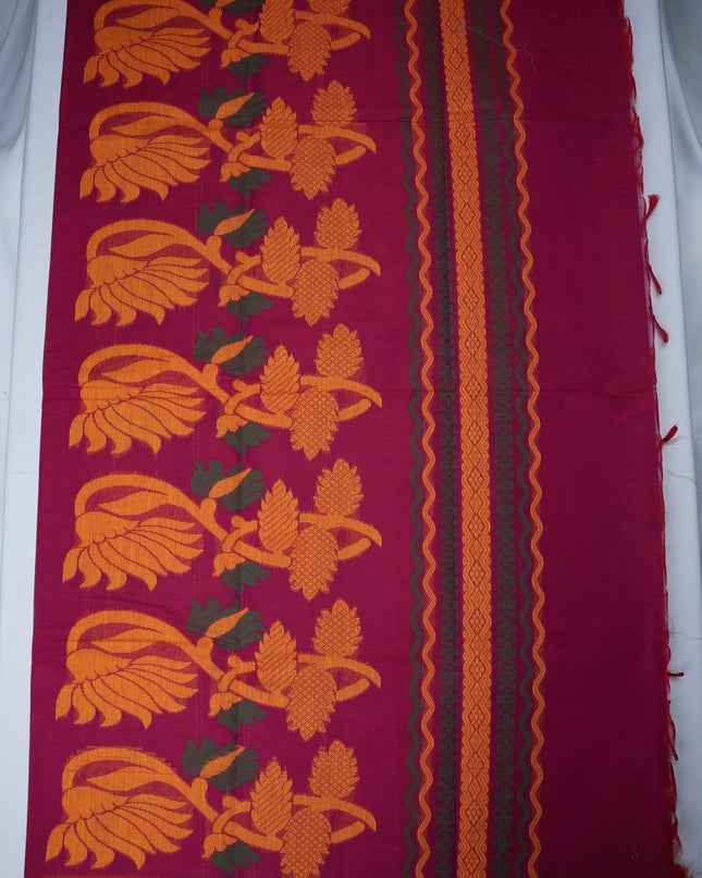 Bhavana Handlooms Coimbatore handloom saree in rani pink with mustard gold elephant motifs and woven border