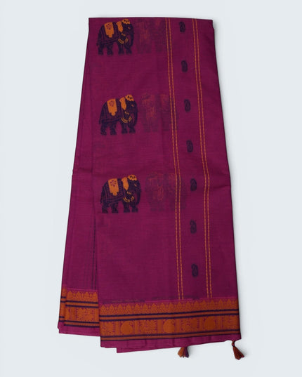 Bhavana Handlooms rani pink Coimbatore handloom saree with traditional elephant motifs and mustard gold woven border