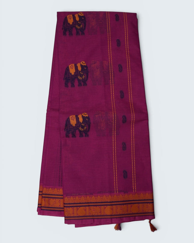 Bhavana Handlooms rani pink Coimbatore handloom saree with traditional elephant motifs and mustard gold woven border
