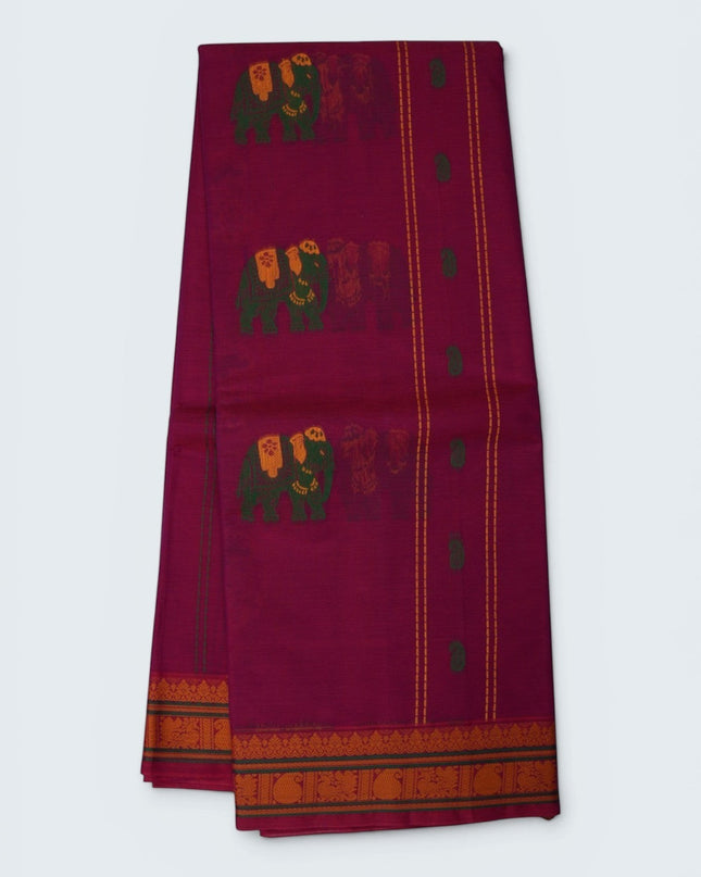 Bhavana Handlooms Coimbatore handloom saree in rani pink with green elephant motifs and mustard gold woven border.