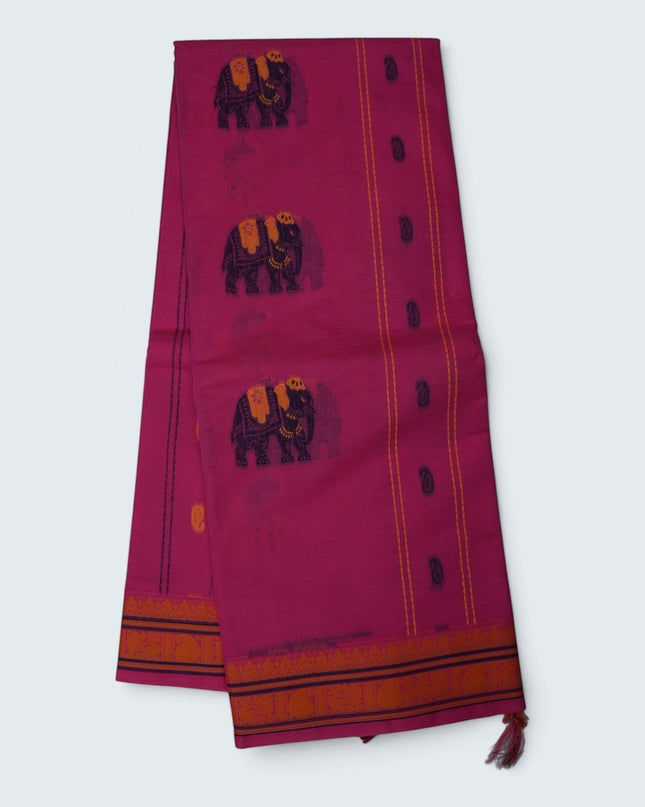 Bhavana Handlooms rani pink Coimbatore handloom saree featuring traditional elephant motifs and mustard gold border.