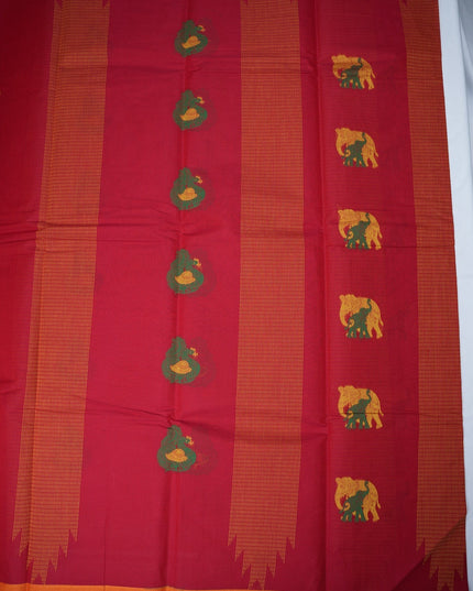 Bhavana Handlooms Coimbatore handloom saree in rani pink with traditional elephant motifs and peach orange border