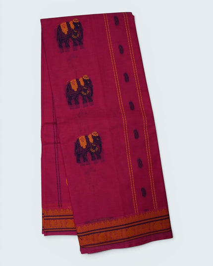 Bhavana Handlooms Rani Pink Coimbatore handloom saree featuring traditional elephant motifs and mustard gold border.