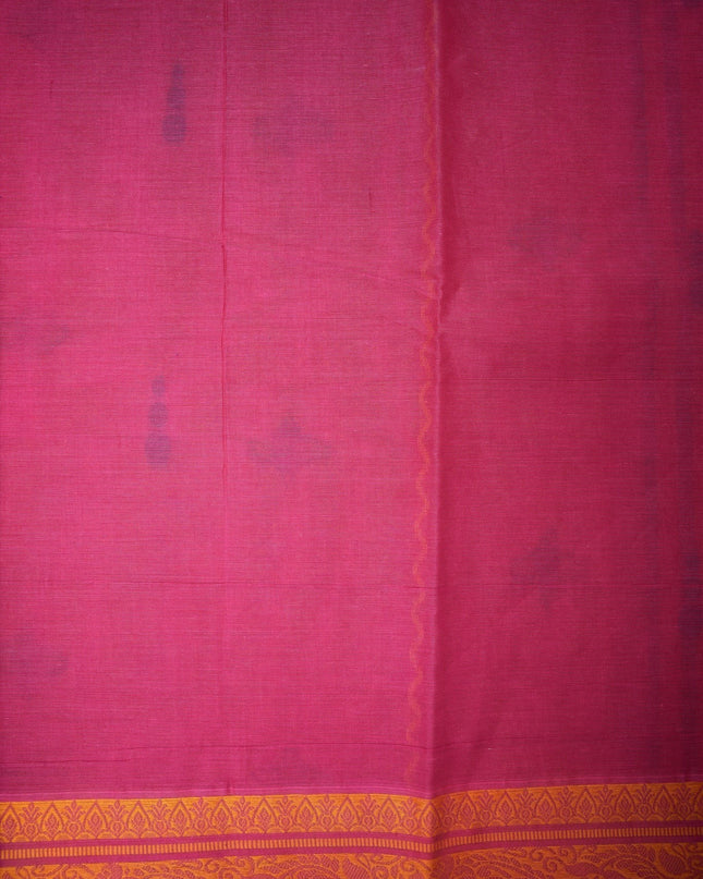 Bhavana Handlooms Rani pink Coimbatore handloom saree featuring traditional floral butta motifs and orange border.