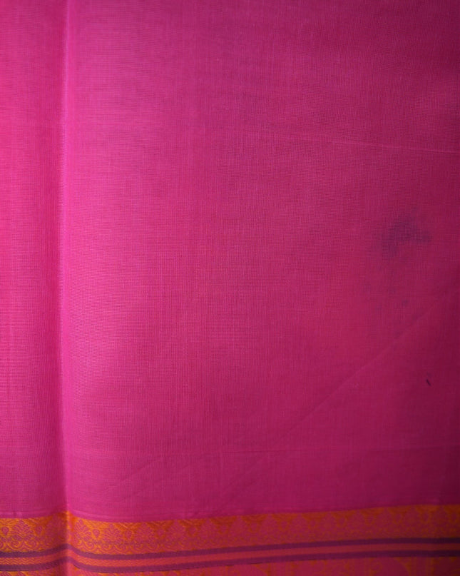 Bhavana Handlooms Coimbatore handloom saree in rani pink with a mustard gold woven border and elephant motifs.