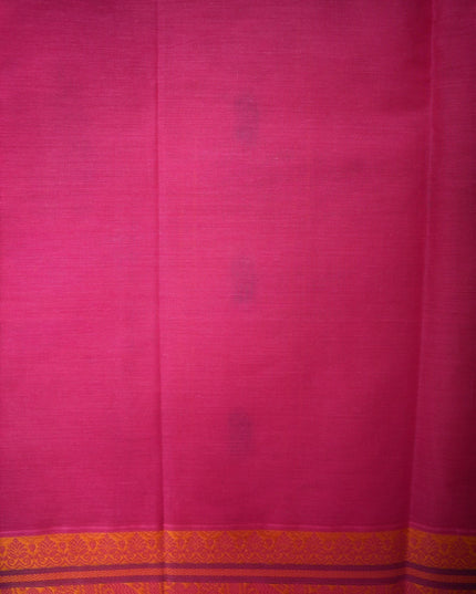 Bhavana Handlooms rani pink Coimbatore handloom saree featuring traditional elephant motifs and mustard gold border.