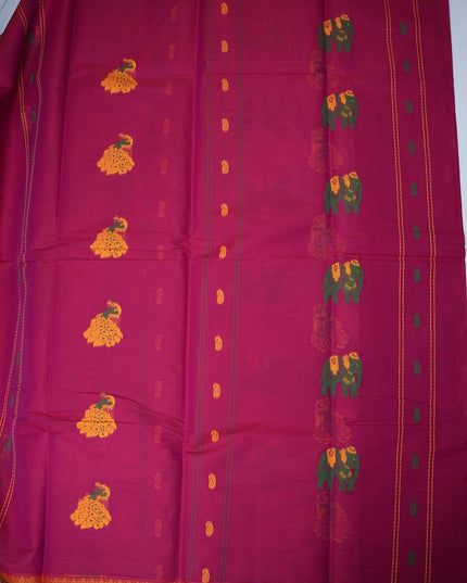 Bhavana Handlooms rani pink handloom saree featuring traditional elephant motifs and a contrast mustard gold border.