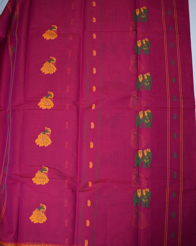 Bhavana Handlooms rani pink handloom saree featuring traditional elephant motifs and a contrast mustard gold border.