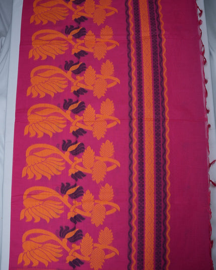 Bhavana Handlooms rani pink handloom saree featuring traditional elephant motifs and a contrast mustard gold woven border