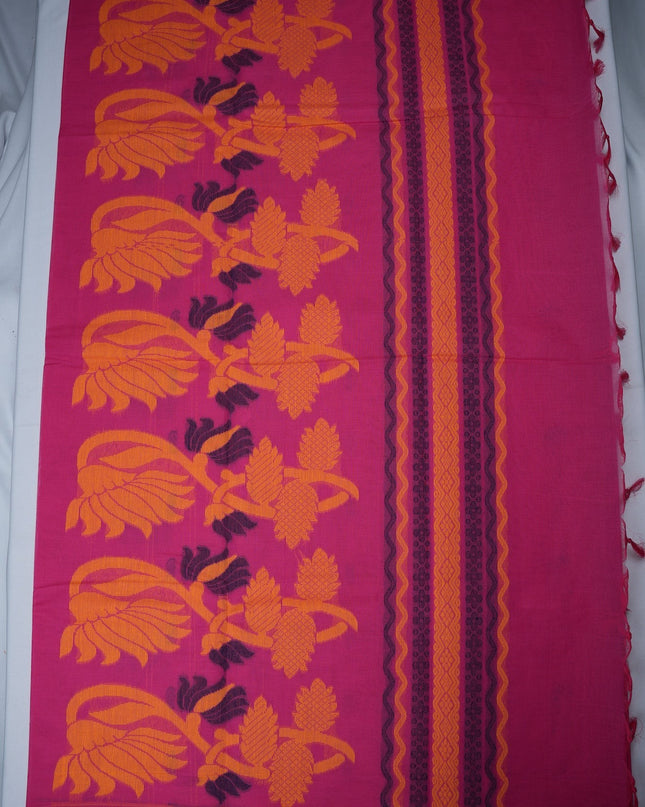 Bhavana Handlooms rani pink handloom saree featuring traditional elephant motifs and a contrast mustard gold woven border