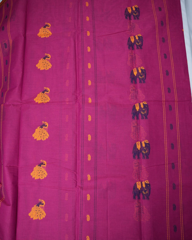 Bhavana Handlooms rani pink handloom saree featuring traditional elephant motifs and a contrast mustard gold woven border