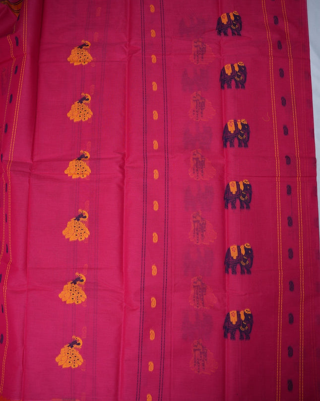 Bhavana Handlooms Rani Pink handloom saree with traditional elephant motifs and a contrast mustard gold woven border.