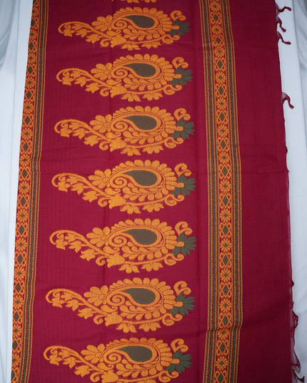 Bhavana Handlooms rani pink Coimbatore handloom saree featuring traditional gold paisley motifs and peach orange border