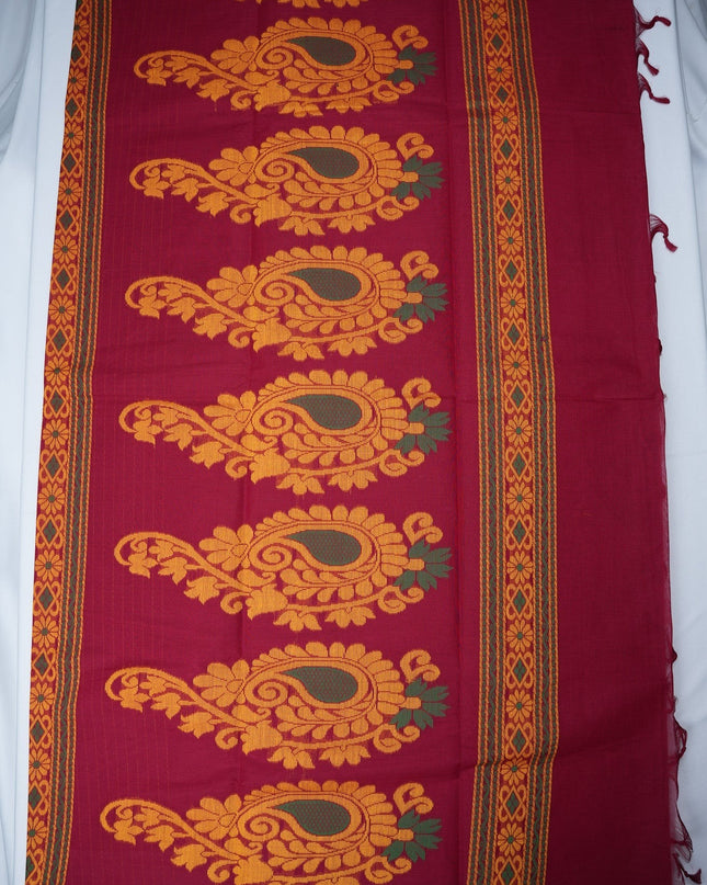 Bhavana Handlooms rani pink Coimbatore handloom saree featuring traditional gold paisley motifs and peach orange border