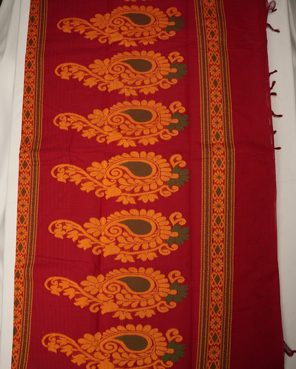 Bhavana Handlooms tomato red Coimbatore handloom saree featuring large golden yellow paisley motifs and peach orange border