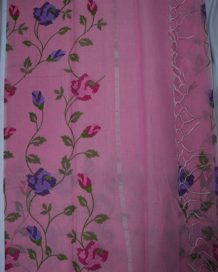 Bhavana Handlooms rose pink silk Kota saree featuring intricate floral vine embroidery and a delicate woven border.