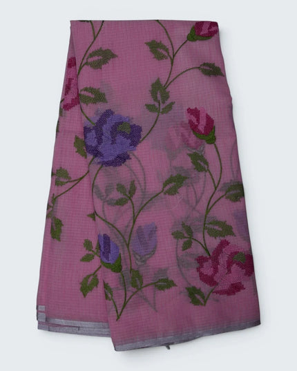 Bhavana Handlooms rose pink silk Kota saree featuring all-over floral vine embroidery and a woven border.