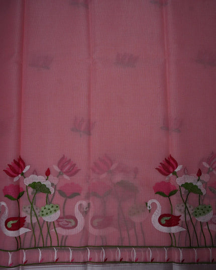 Bhavana Handlooms rose pink silk Kota saree featuring intricate swan and lotus embroidery and a decorative border.